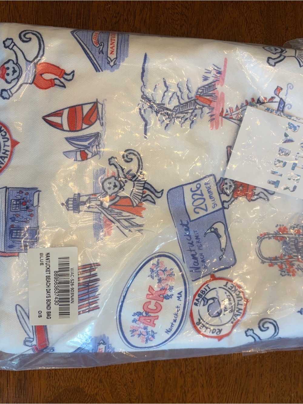 Nantucket Themed Print Tote or Beach days bond Bag - White with Red & Blue Motif